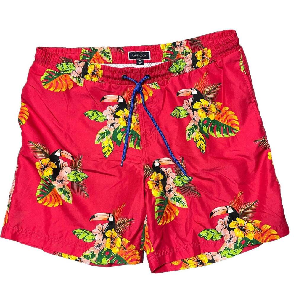 CLUB ROOM SWIM TRUNKS Men’s XL Red TROPICAL Toucan Hawaiian Beach Pool Quick Dry